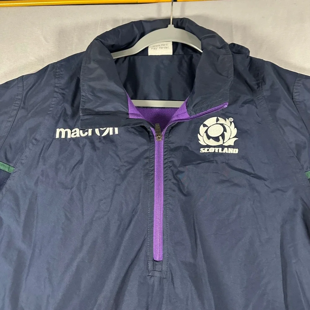 Macron Scotland Rugby Jacket Mens XL Navy Blue Fleece Lined Windbreaker